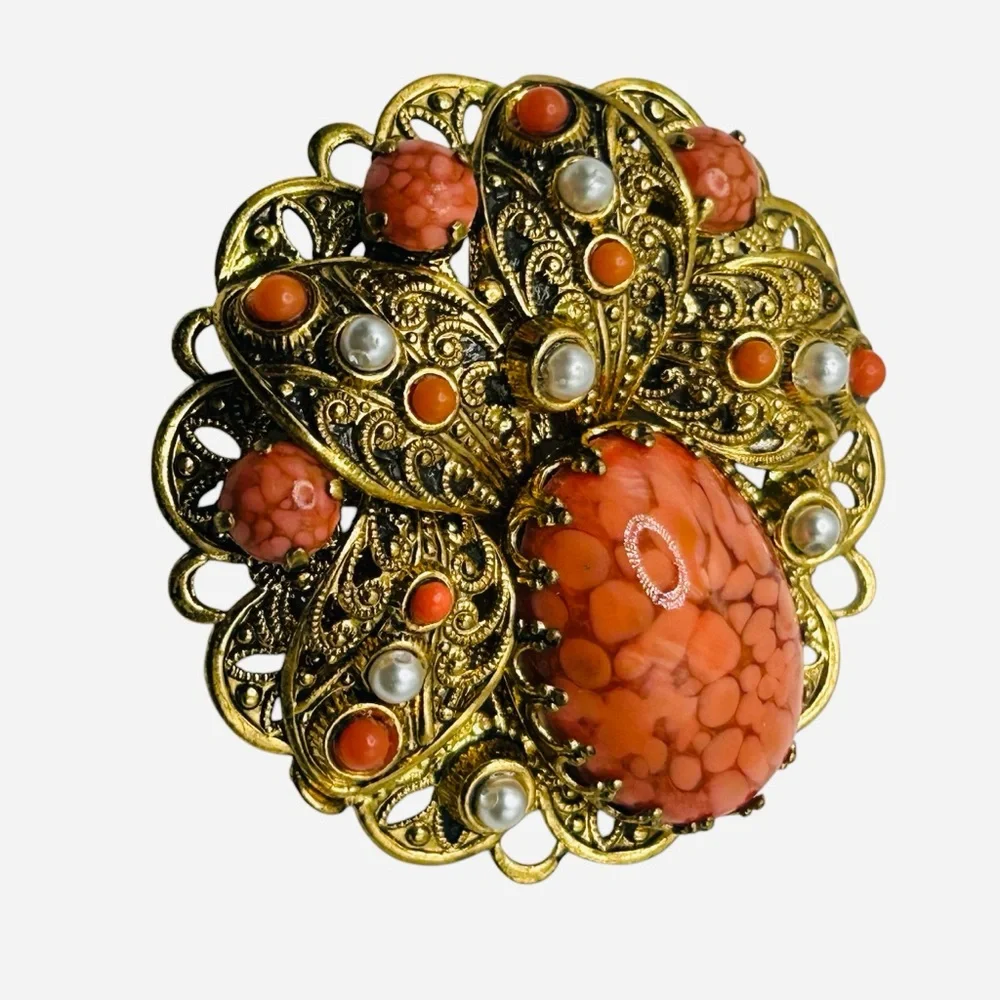 Fabulous Coral Art Glass and Faux Pearl W.German Brooch